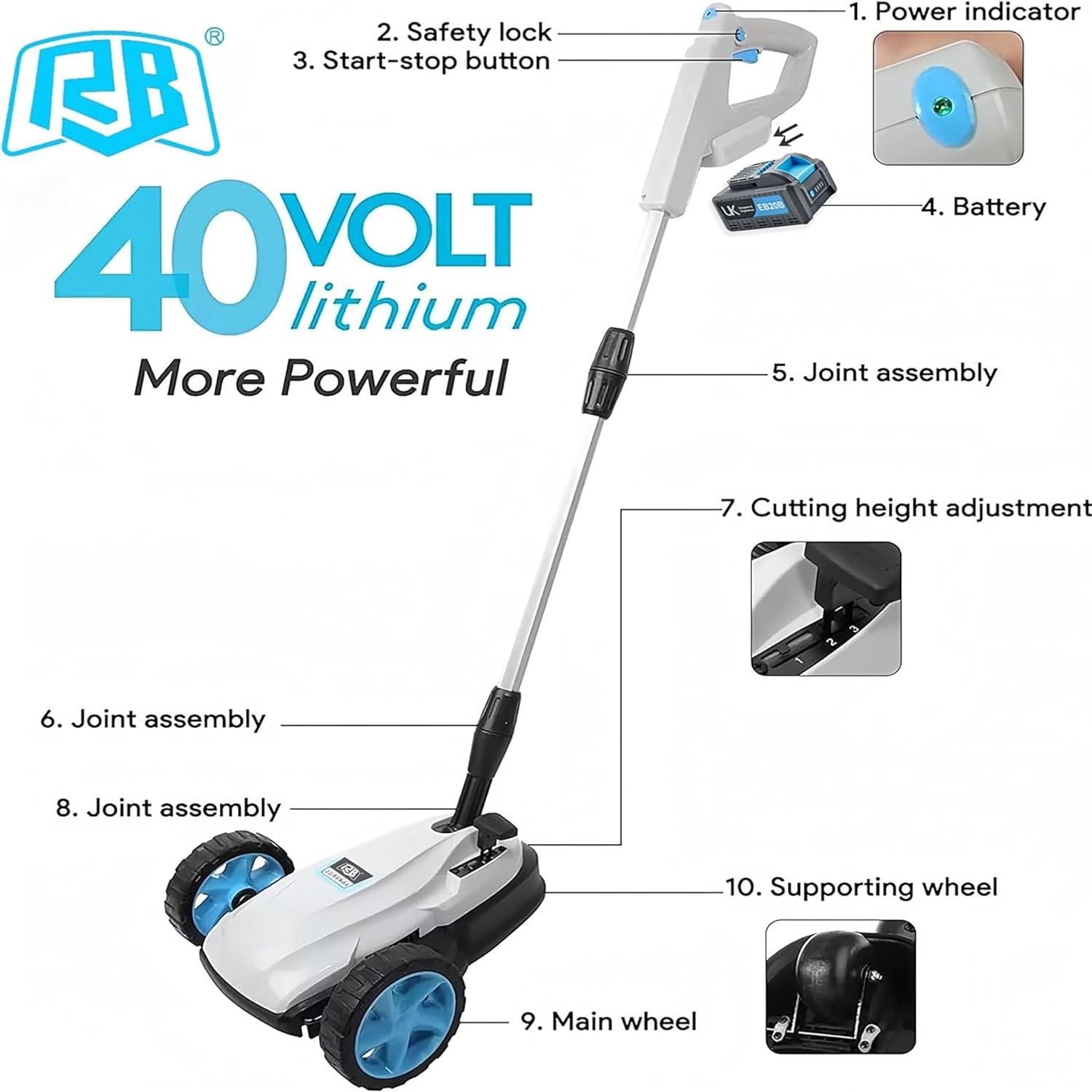 Mini Cordless Lawn Mower 40V Brushless with Battery and Charger: image 9